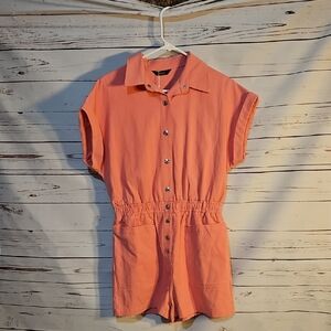 Dokotoo  Romper Jumpsuit Coral Short Sleeve Snap Button Elastic Waist Pockets ,M